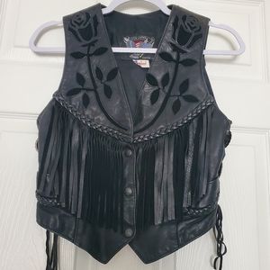 Leather Fringe Vest With Rose Design and Silver Conchos